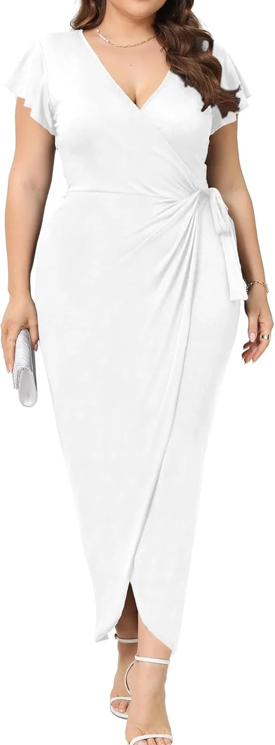 2025 Womens Deep Cross V Neck Ruffle Sleeve Tulip Hem Plus Size Work Cocktail Party Elegant Ruched Long Wrap Dress