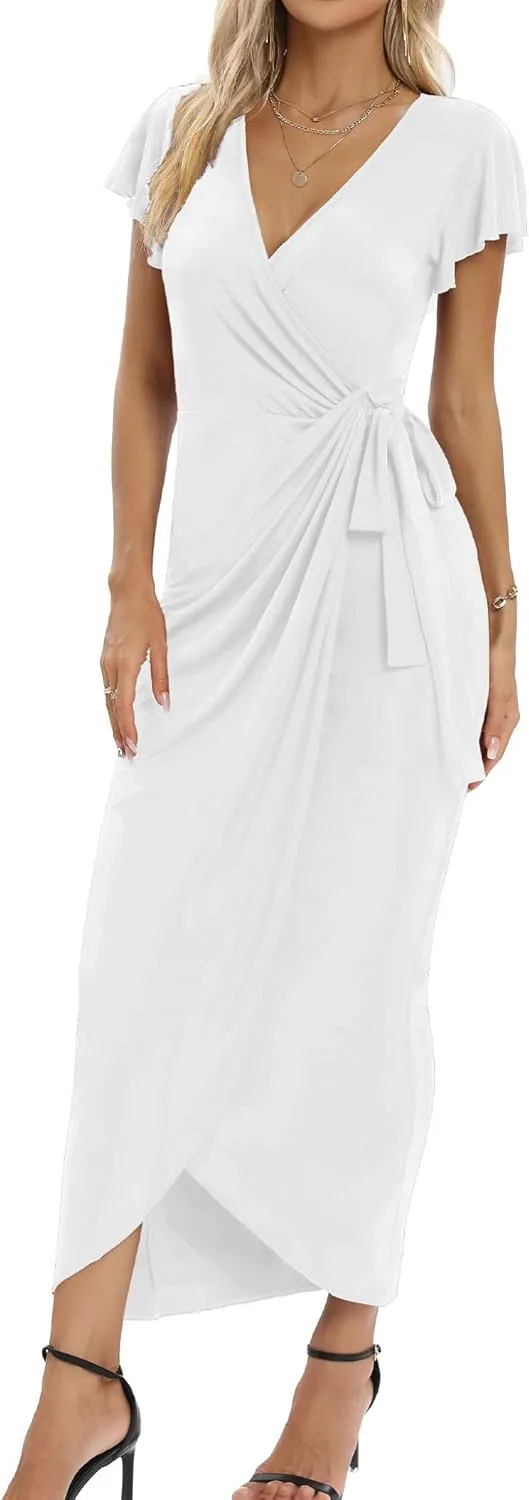 2025 Womens Deep Cross V Neck Ruffle Sleeve Tulip Hem Plus Size Work Cocktail Party Elegant Ruched Long Wrap Dress