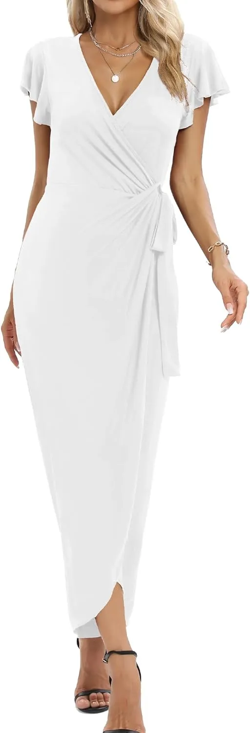 2025 Womens Deep Cross V Neck Ruffle Sleeve Tulip Hem Plus Size Work Cocktail Party Elegant Ruched Long Wrap Dress