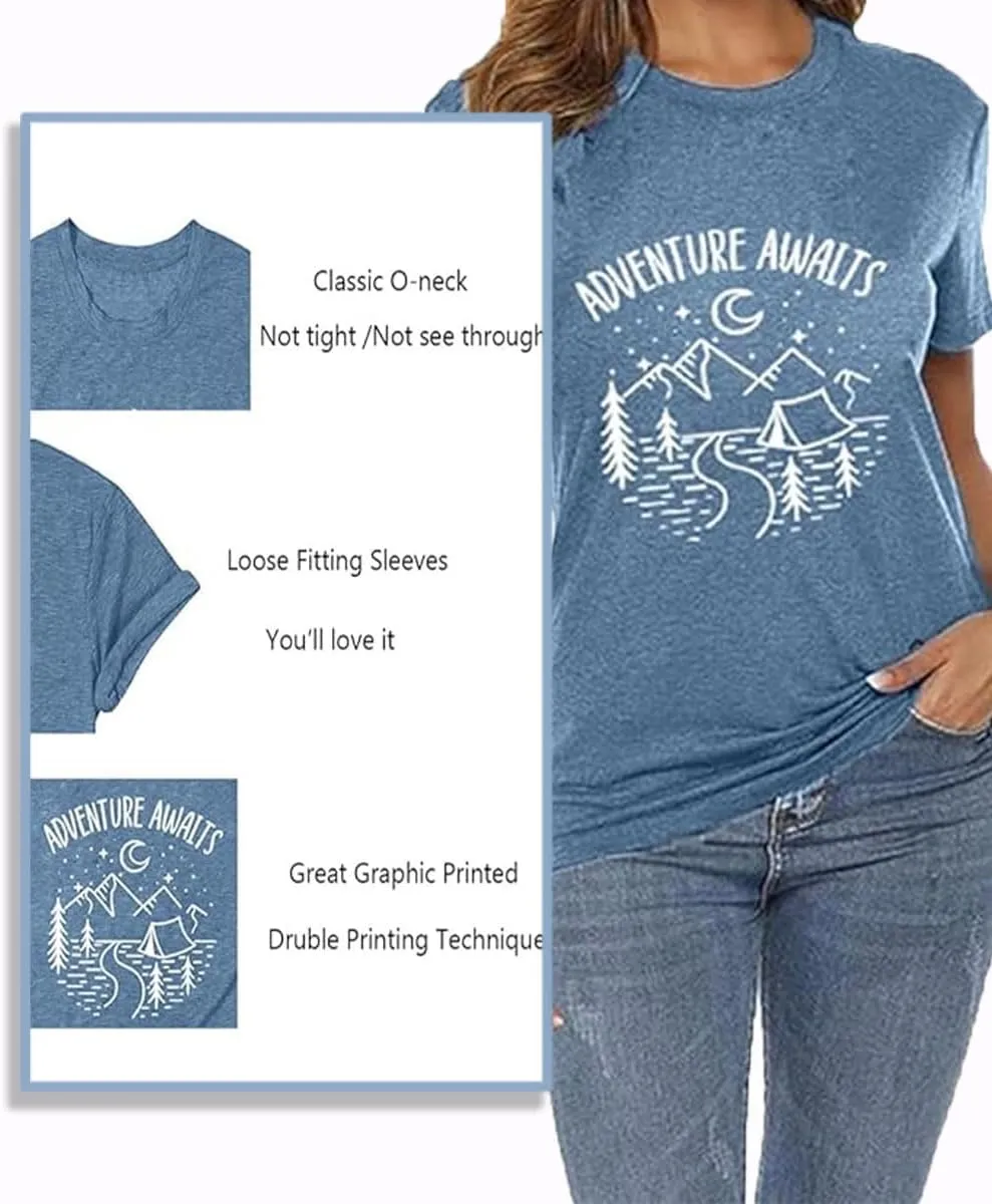 Adventure Awaits Shirts for Women Mountain Graphic Tees Hiking Camping Shirts Athletic Women's Short Sleeve Clothing Tops