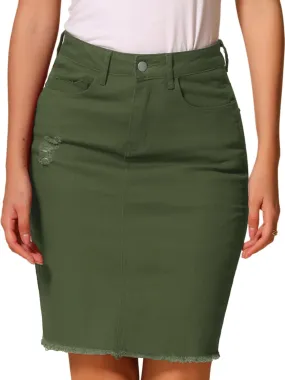 Allegra K Denim Skirt for Women's Casual Distressed Knee Length Jeans Skirts