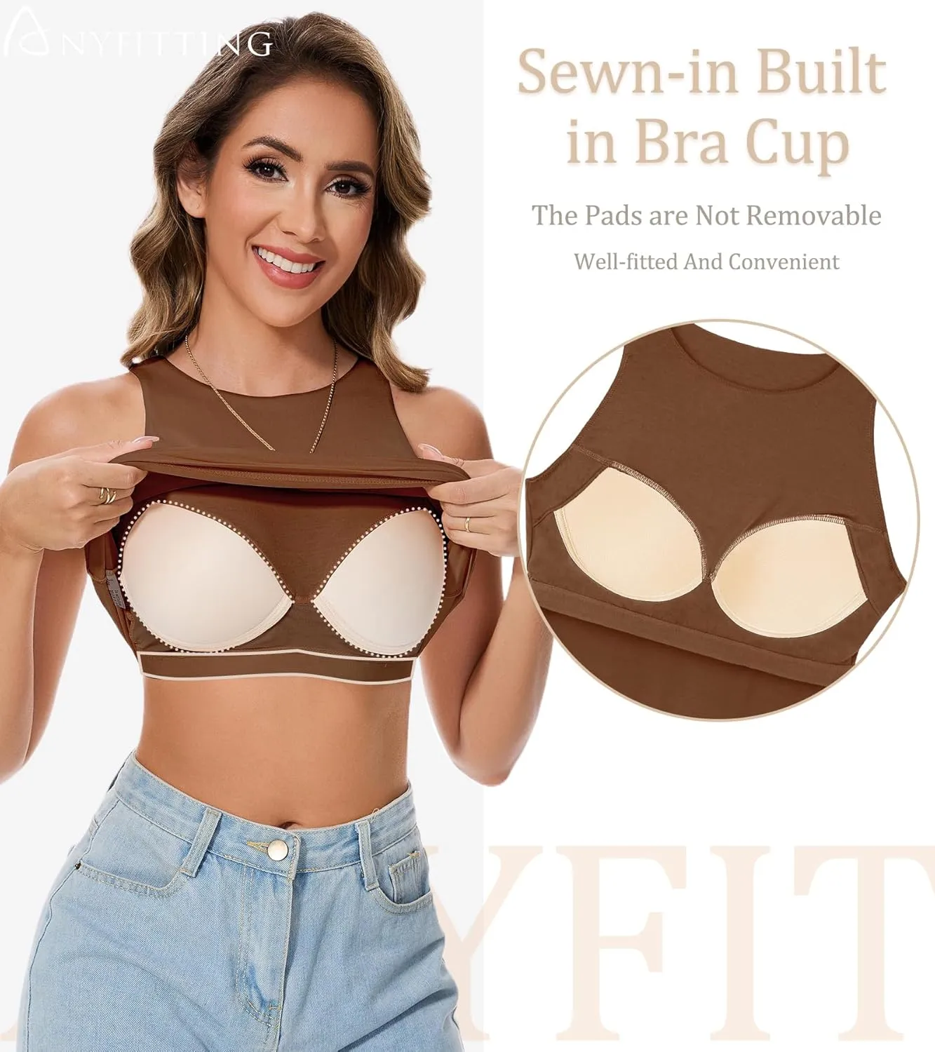 ANYFITTING Built in Bra Tank Tops for Women Sleeveless High Neck Fitted Shirts Summer Spring Basic Undershirts