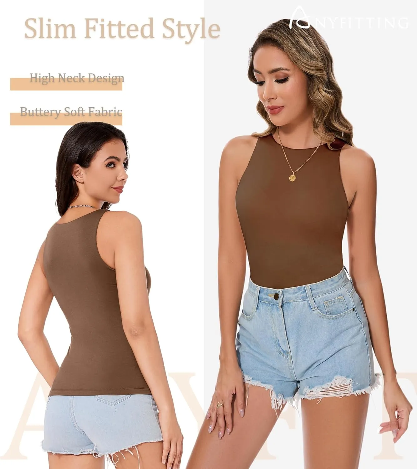 ANYFITTING Built in Bra Tank Tops for Women Sleeveless High Neck Fitted Shirts Summer Spring Basic Undershirts