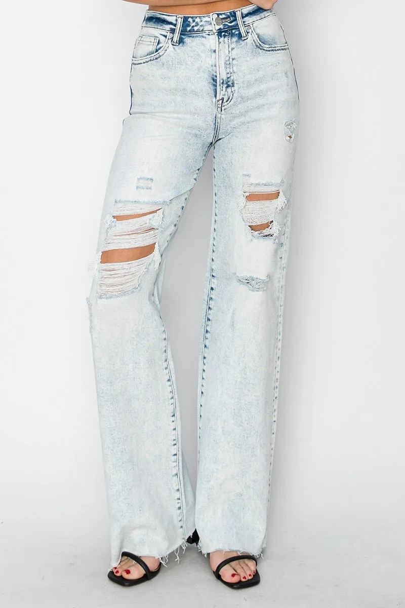 Becca High Rise Distressed Wide Leg Risen Jeans
