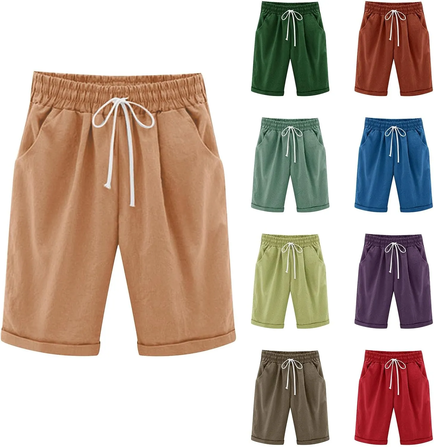Bermuda Shorts for Women Knee Length Plus Size Linen Shorts Drawstring SweatShorts Athletic Workout Shorts with Pocket