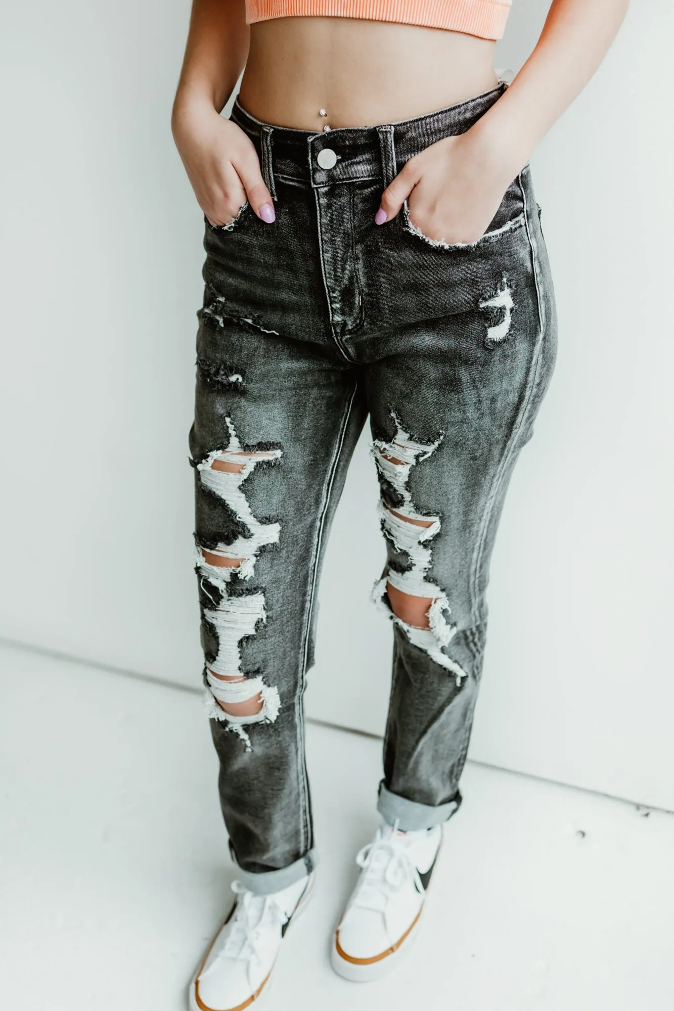 Black Distressed Mom Jeans
