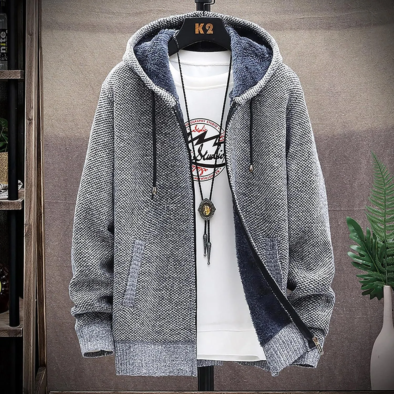 DuDubaby Men's Fall and Winter Casual Sweater Jacket Warm Knit Sweater Hooded Hoodie