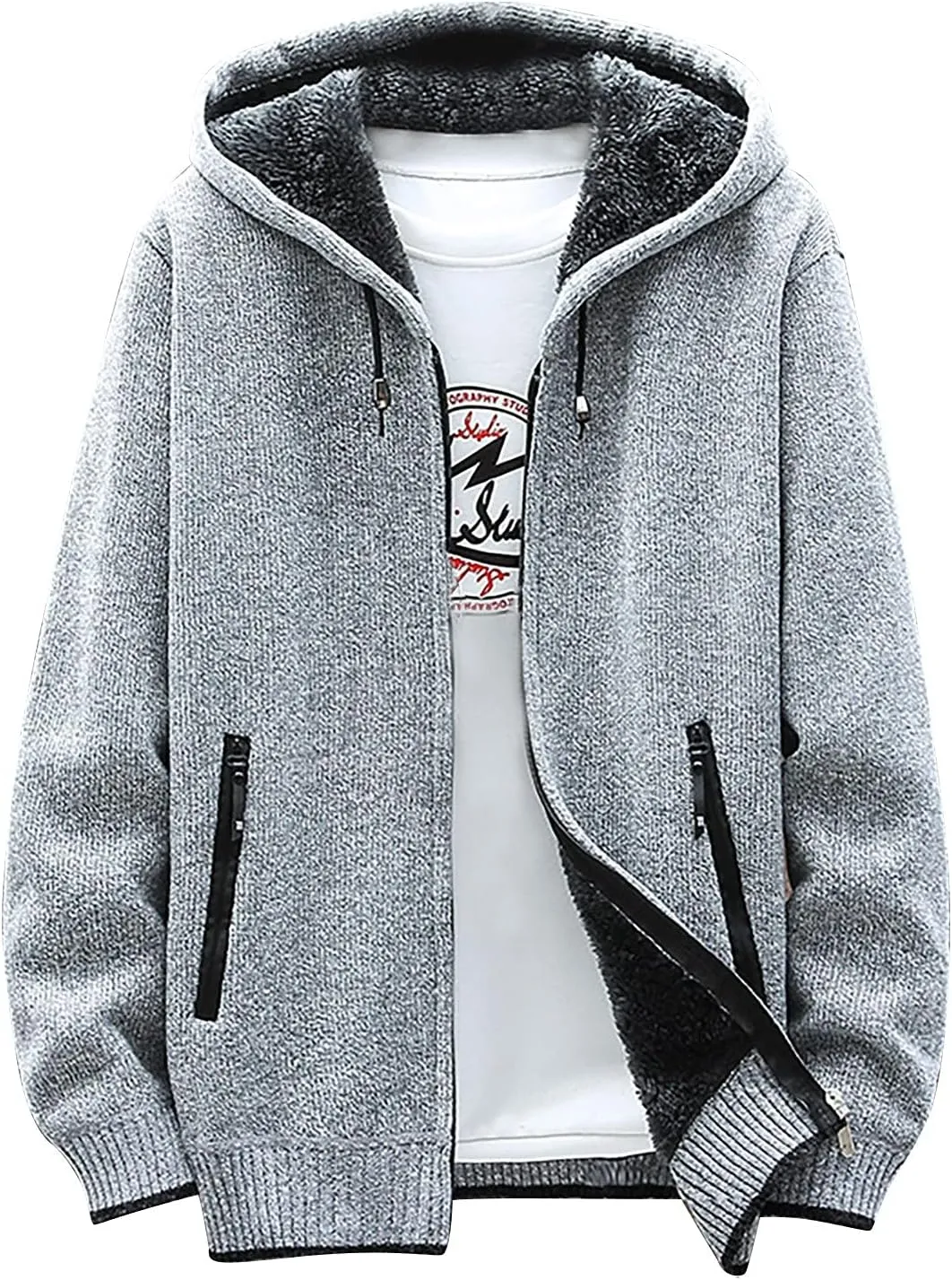 DuDubaby Men's Fall and Winter Casual Sweater Jacket Warm Knit Sweater Hooded Hoodie