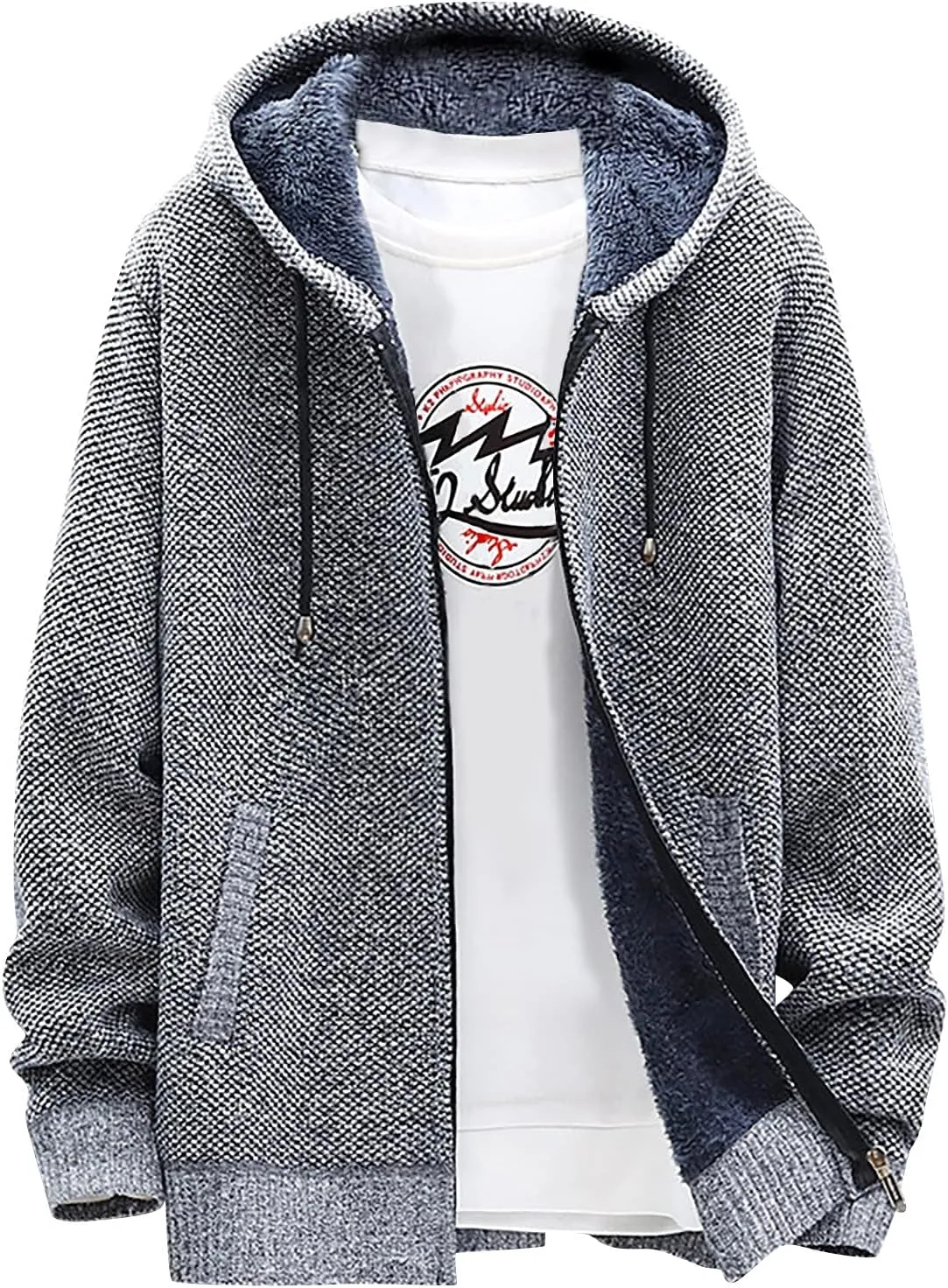DuDubaby Men's Fall and Winter Casual Sweater Jacket Warm Knit Sweater Hooded Hoodie