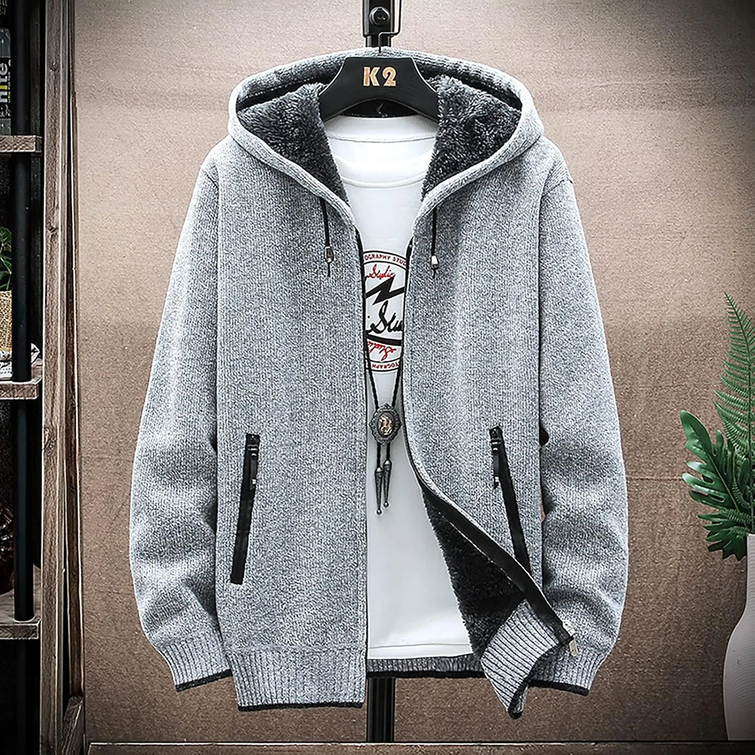 DuDubaby Men's Fall and Winter Casual Sweater Jacket Warm Knit Sweater Hooded Hoodie
