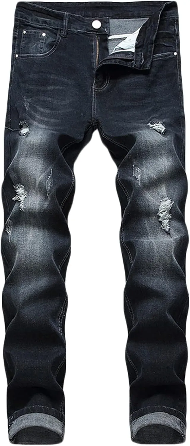 Jeans for Men Stretch Fit Slim Destroyed Distressed Taper Zipper Pants with Holes Distressed Tapered Jeans 2025