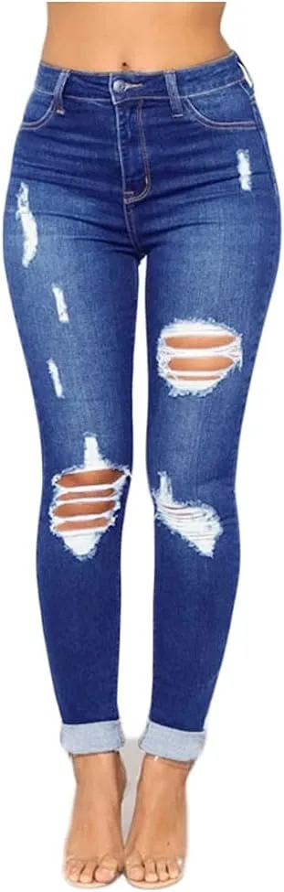 Jeans for Women Retro Low Waist Ripped Ankle Pants Distressed Flap Hem Denim Pants Fashion Stretch Skinny Jeans