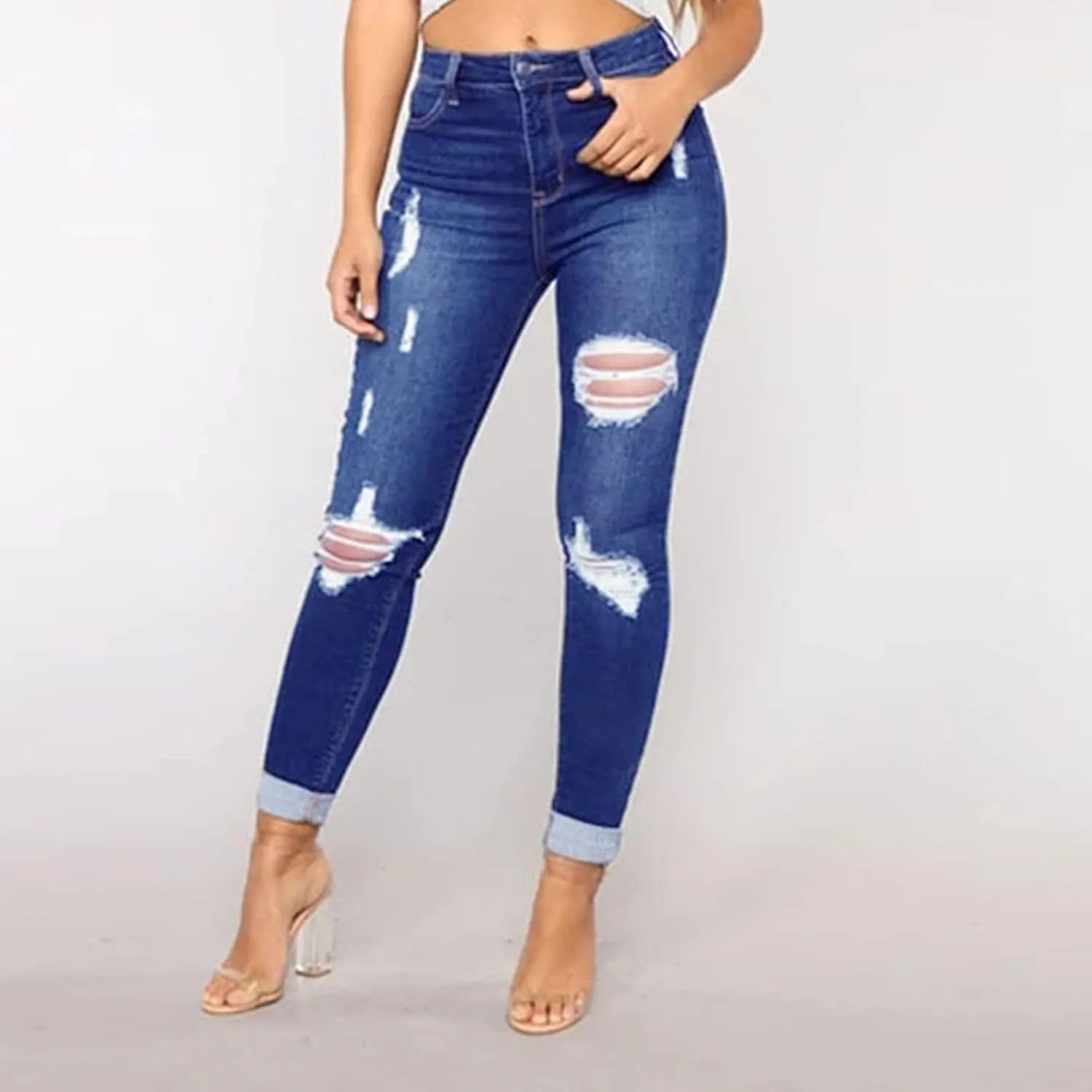Jeans for Women Retro Low Waist Ripped Ankle Pants Distressed Flap Hem Denim Pants Fashion Stretch Skinny Jeans