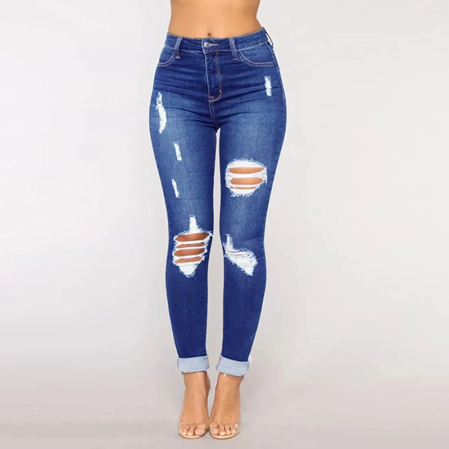 Jeans for Women Retro Low Waist Ripped Ankle Pants Distressed Flap Hem Denim Pants Fashion Stretch Skinny Jeans