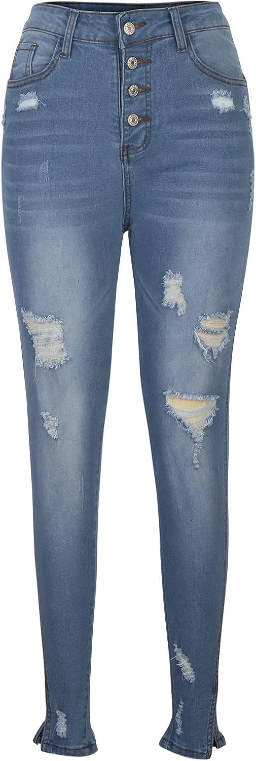 Jeans for Women Retro Low Waist Ripped Ankle Pants Distressed Flap Hem Denim Pants Fashion Stretch Skinny Jeans
