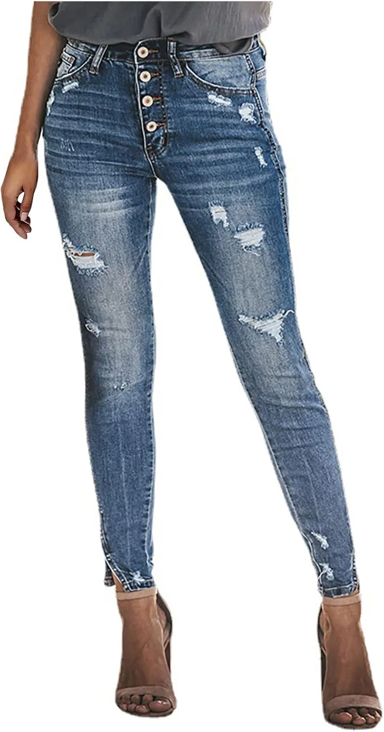 Jeans for Women Retro Low Waist Ripped Ankle Pants Distressed Flap Hem Denim Pants Fashion Stretch Skinny Jeans