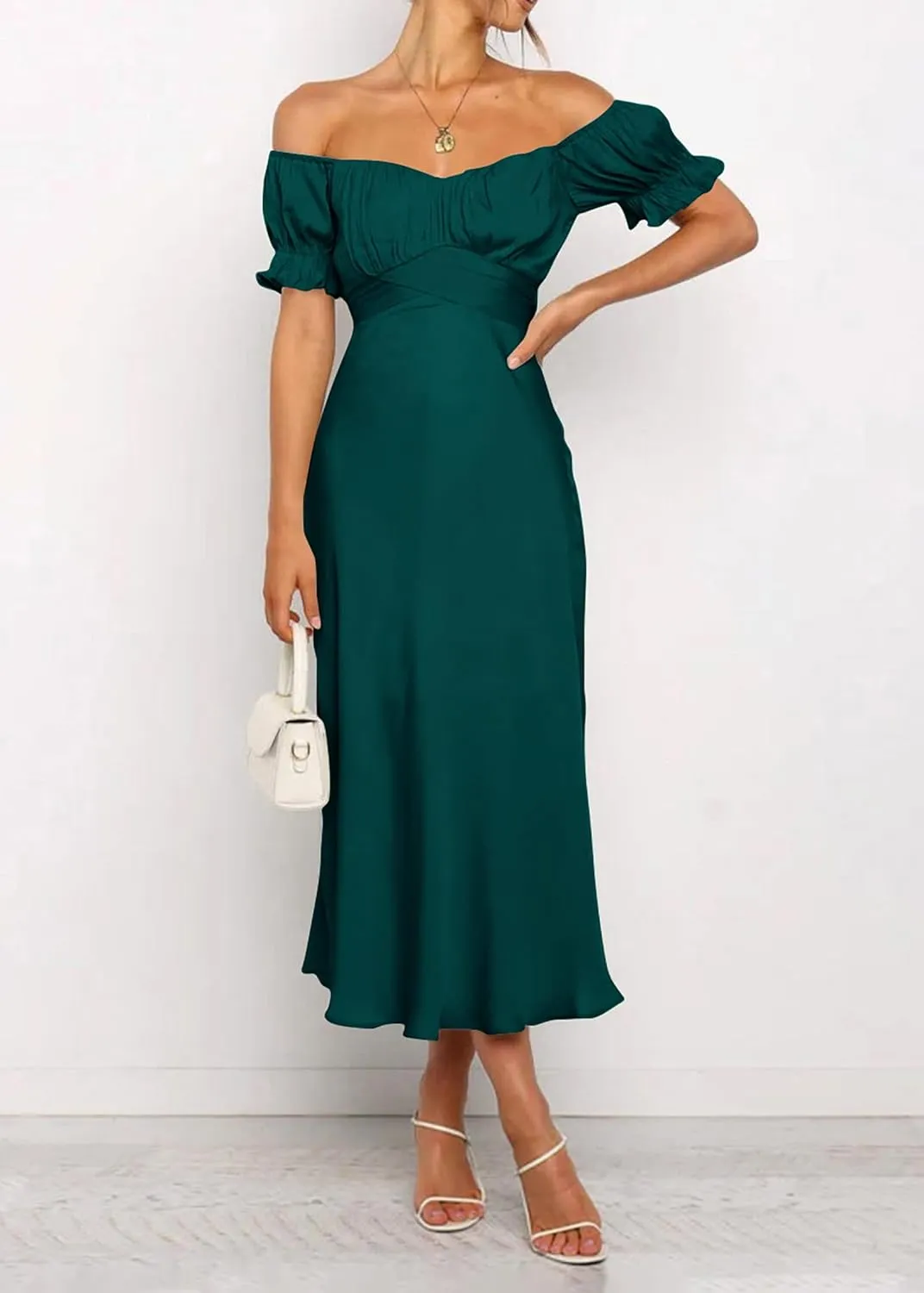 KIRUNDO Women's 2025 Summer Satin Midi Dress Off The Shoulder Wrap Ruched Wedding Guest Party Cocktail Formal Prom Dresses