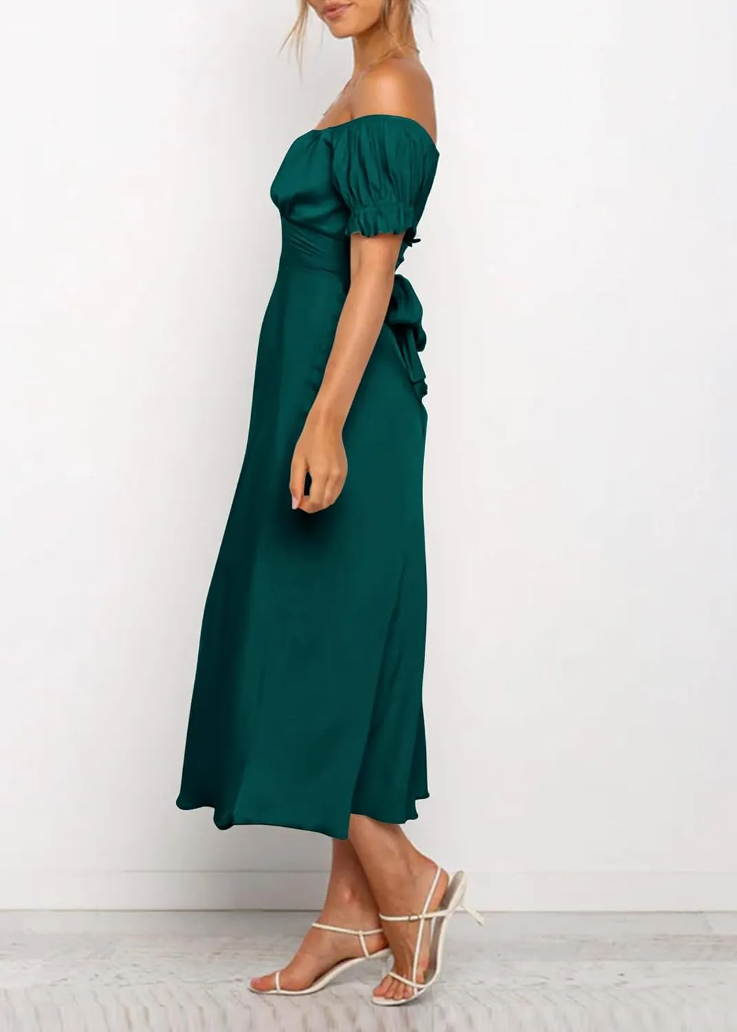 KIRUNDO Women's 2025 Summer Satin Midi Dress Off The Shoulder Wrap Ruched Wedding Guest Party Cocktail Formal Prom Dresses
