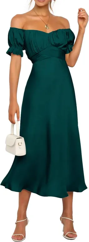KIRUNDO Women's 2025 Summer Satin Midi Dress Off The Shoulder Wrap Ruched Wedding Guest Party Cocktail Formal Prom Dresses