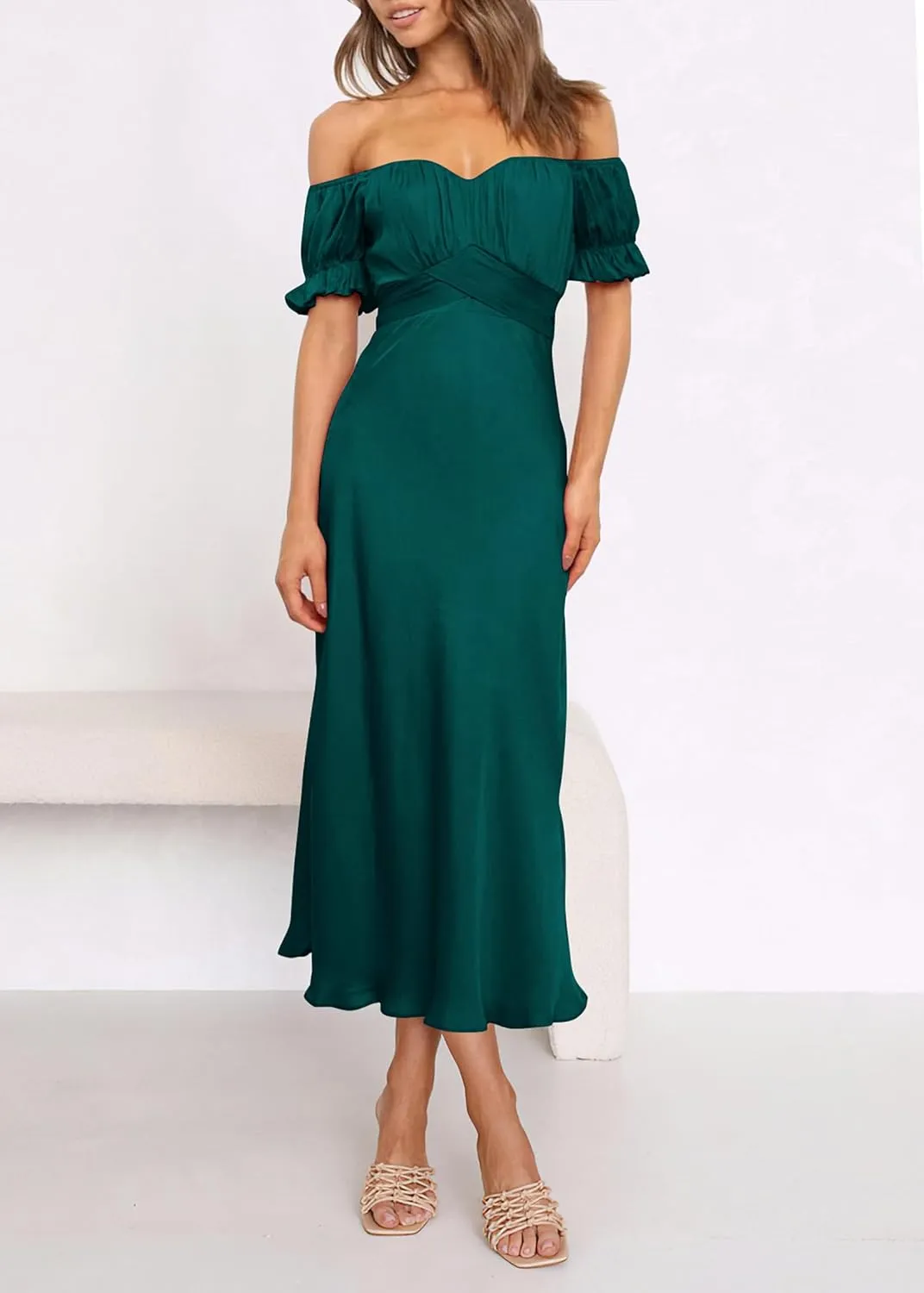 KIRUNDO Women's 2025 Summer Satin Midi Dress Off The Shoulder Wrap Ruched Wedding Guest Party Cocktail Formal Prom Dresses
