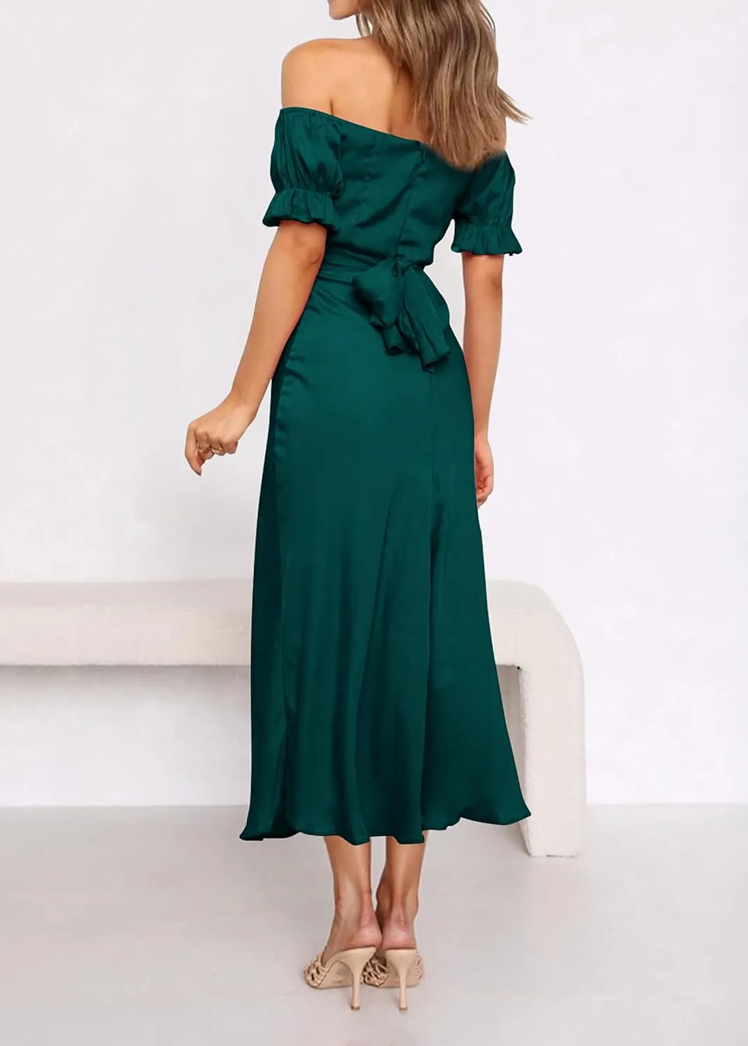 KIRUNDO Women's 2025 Summer Satin Midi Dress Off The Shoulder Wrap Ruched Wedding Guest Party Cocktail Formal Prom Dresses
