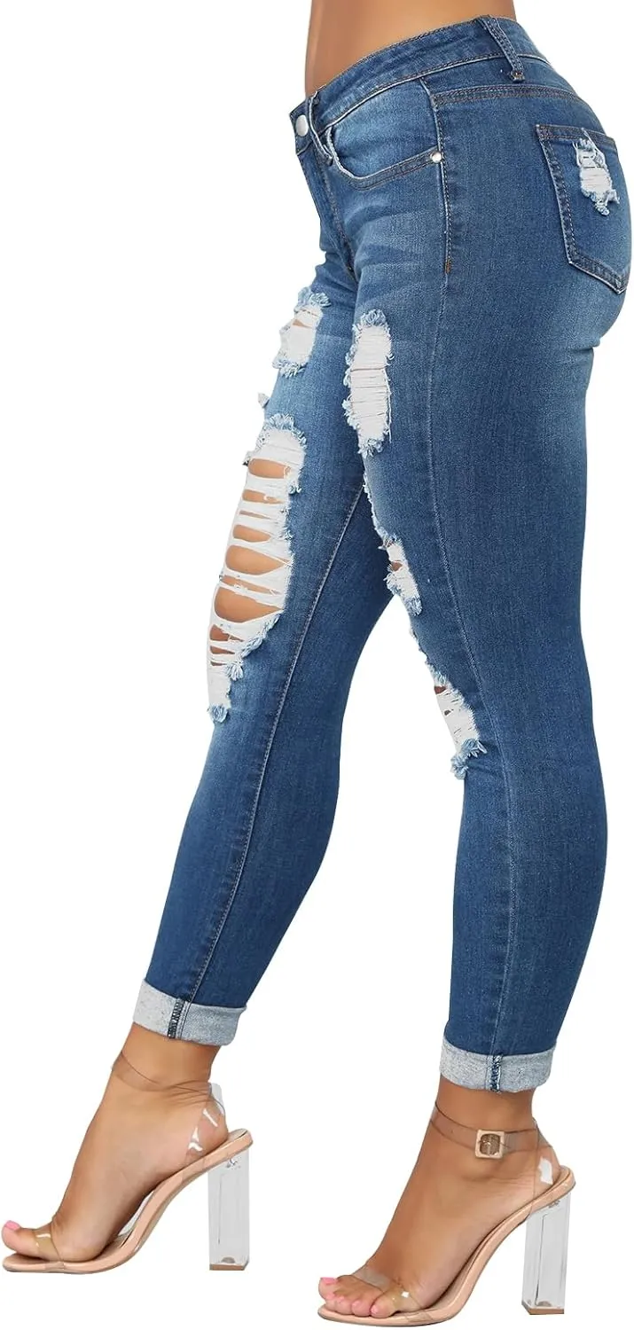 KUNMI Women's Skinny Ripped Trendy Jeans Distressed Stretchy Denim Pants