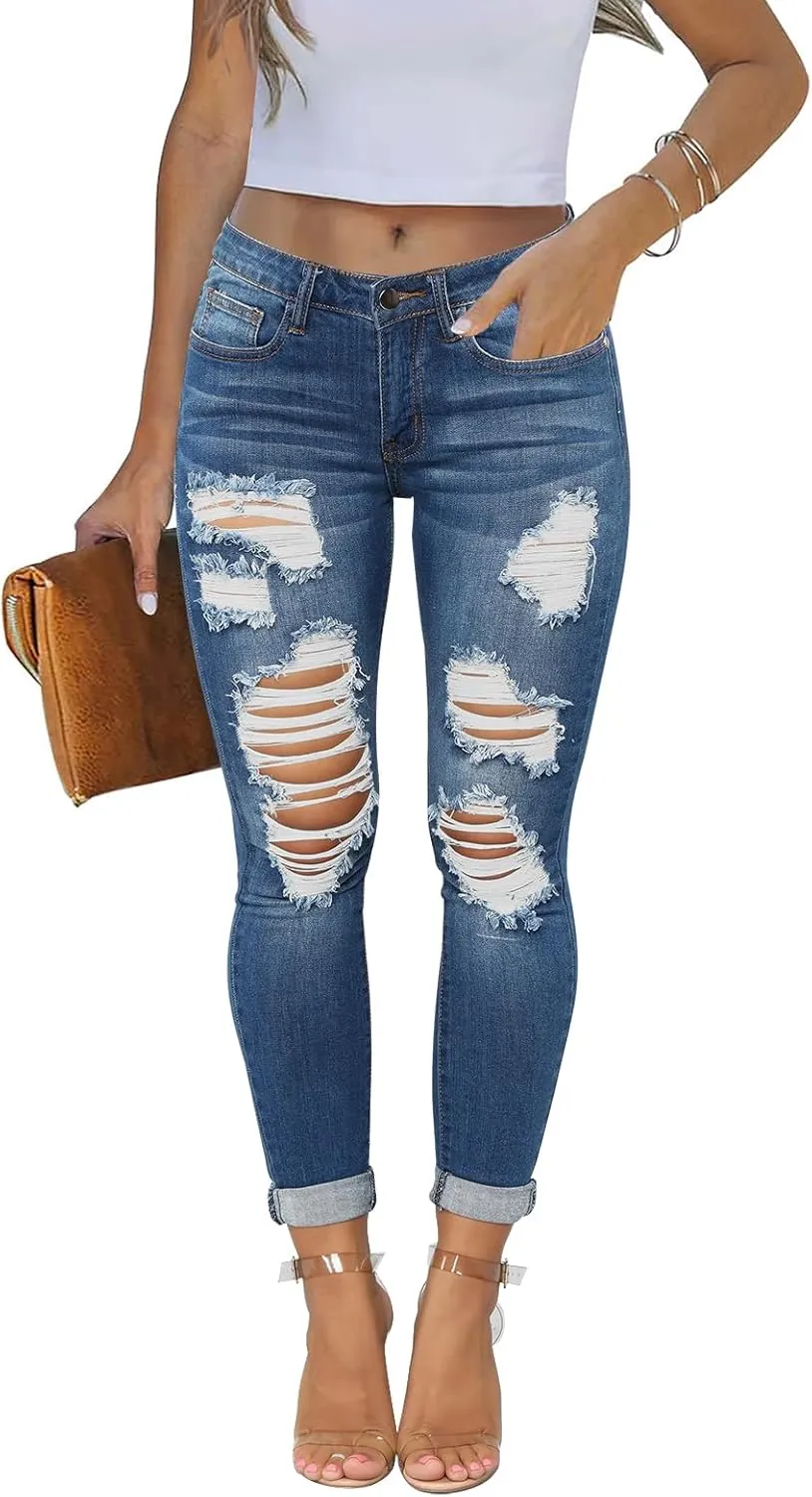 KUNMI Women's Skinny Ripped Trendy Jeans Distressed Stretchy Denim Pants