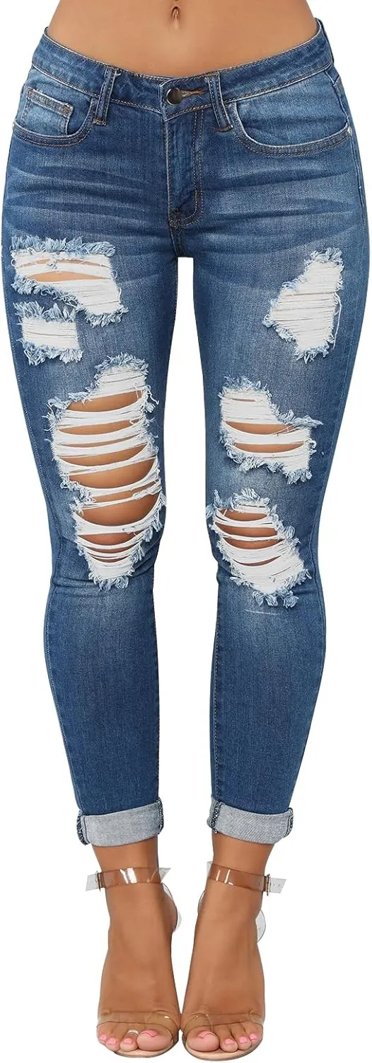 KUNMI Women's Skinny Ripped Trendy Jeans Distressed Stretchy Denim Pants