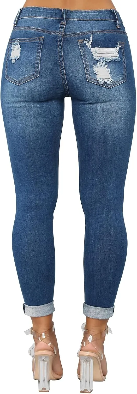 KUNMI Women's Skinny Ripped Trendy Jeans Distressed Stretchy Denim Pants