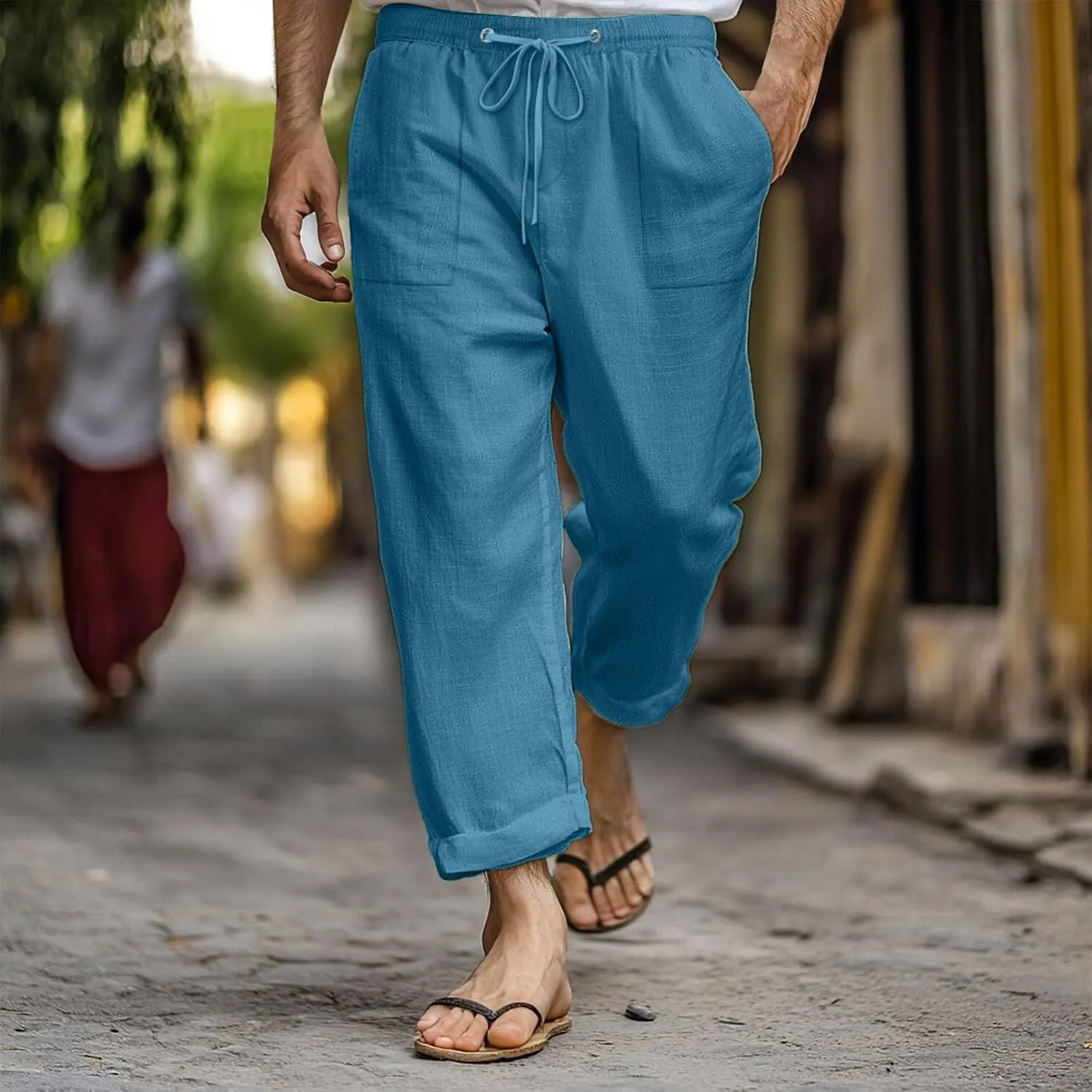 Linen Pants Men Casual Elastic Waist Straight Leg Capri Pants Comfort Breathable Summer Beach Wedding Cropped Trouser
