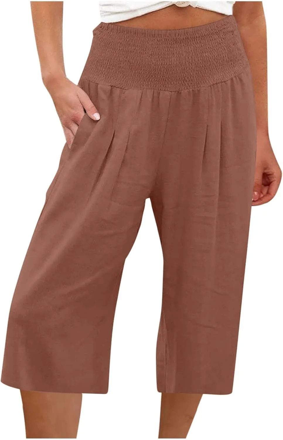 Lounge Shorts 2024 Shorts for Women Long Shorts Below The Knee Casual Summer Elastic Waist Flowy Beach Shorts Cotton Linen Loose Fit Coffee L