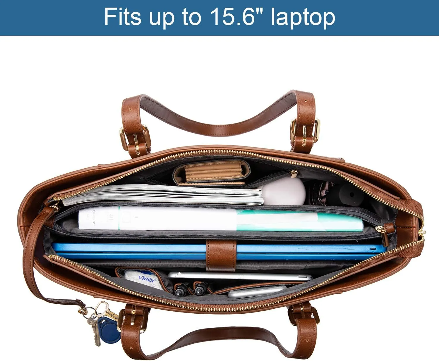 LOVEVOOK Laptop Bag for Women, Structured Leather Computer Bag, Professional Work Tote Purse, Teacher/Attorney’s Choice, Retro-Brown