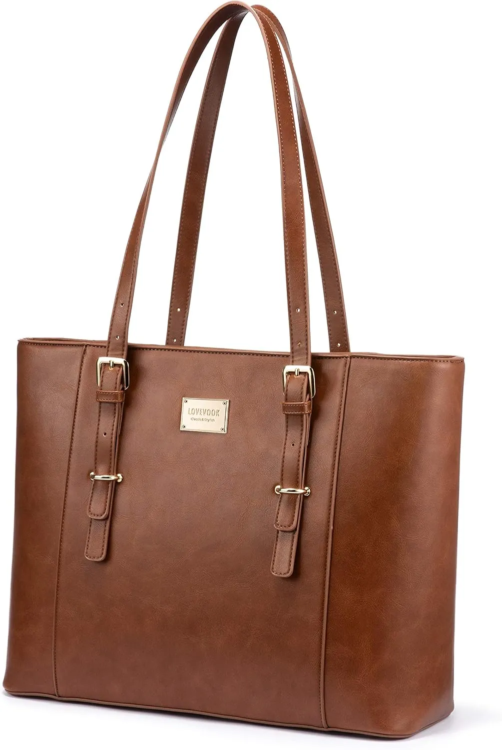 LOVEVOOK Laptop Bag for Women, Structured Leather Computer Bag, Professional Work Tote Purse, Teacher/Attorney’s Choice, Retro-Brown