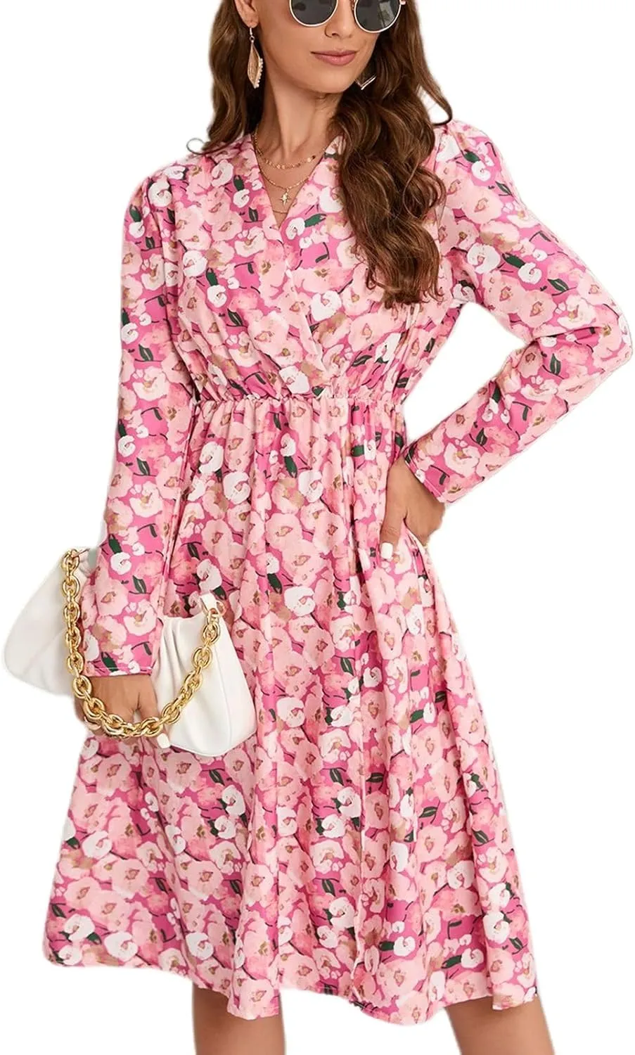 Lu's Chic Women's Boho Dress Printed Soft Long Sleeve Midi Ruched High Waist Elegant V Neck Wrap Flowy Swing Dresses