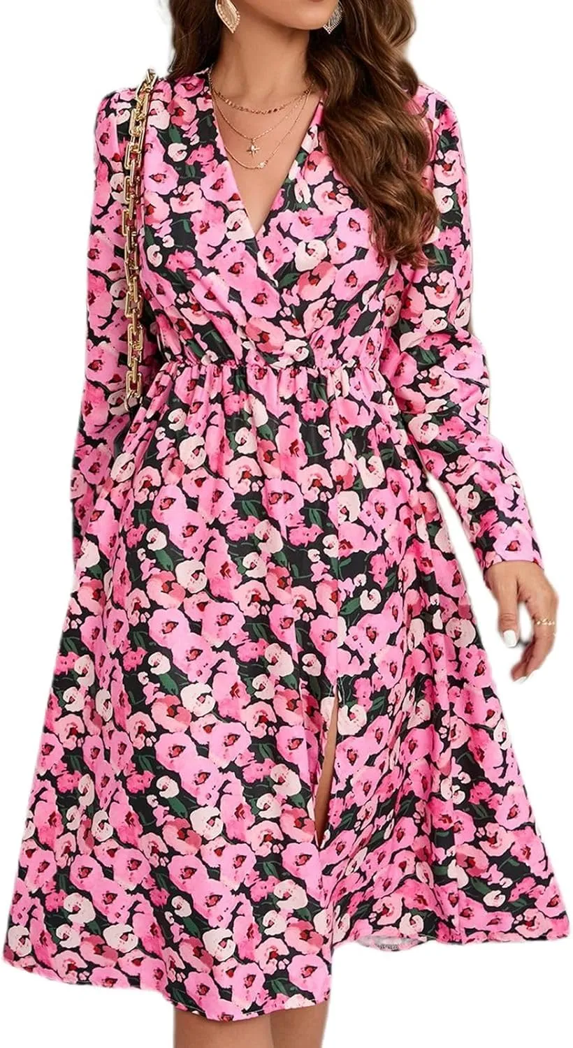 Lu's Chic Women's Boho Dress Printed Soft Long Sleeve Midi Ruched High Waist Elegant V Neck Wrap Flowy Swing Dresses