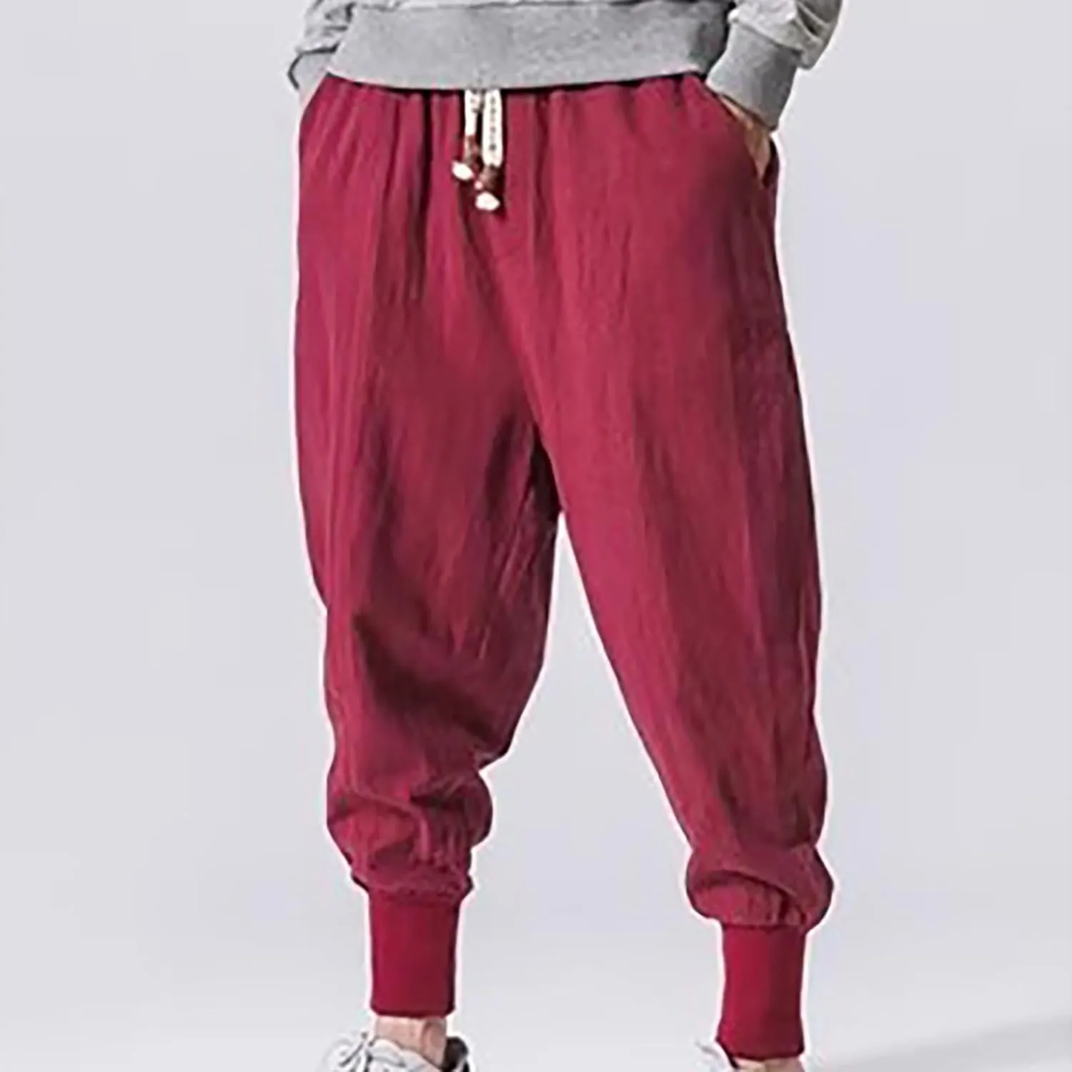 Mens Cotton Linen Harem Pants Drop Crotch Wide Leg Pants Drawstring Waist Baggy Sweatpants Casual Hippie Trousers