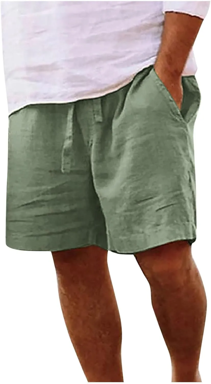 Mens Cotton Linen Shorts Casual Loose Beach Shorts Soft Comfy Lounge Shorts Lightweight Breathable Short Pants