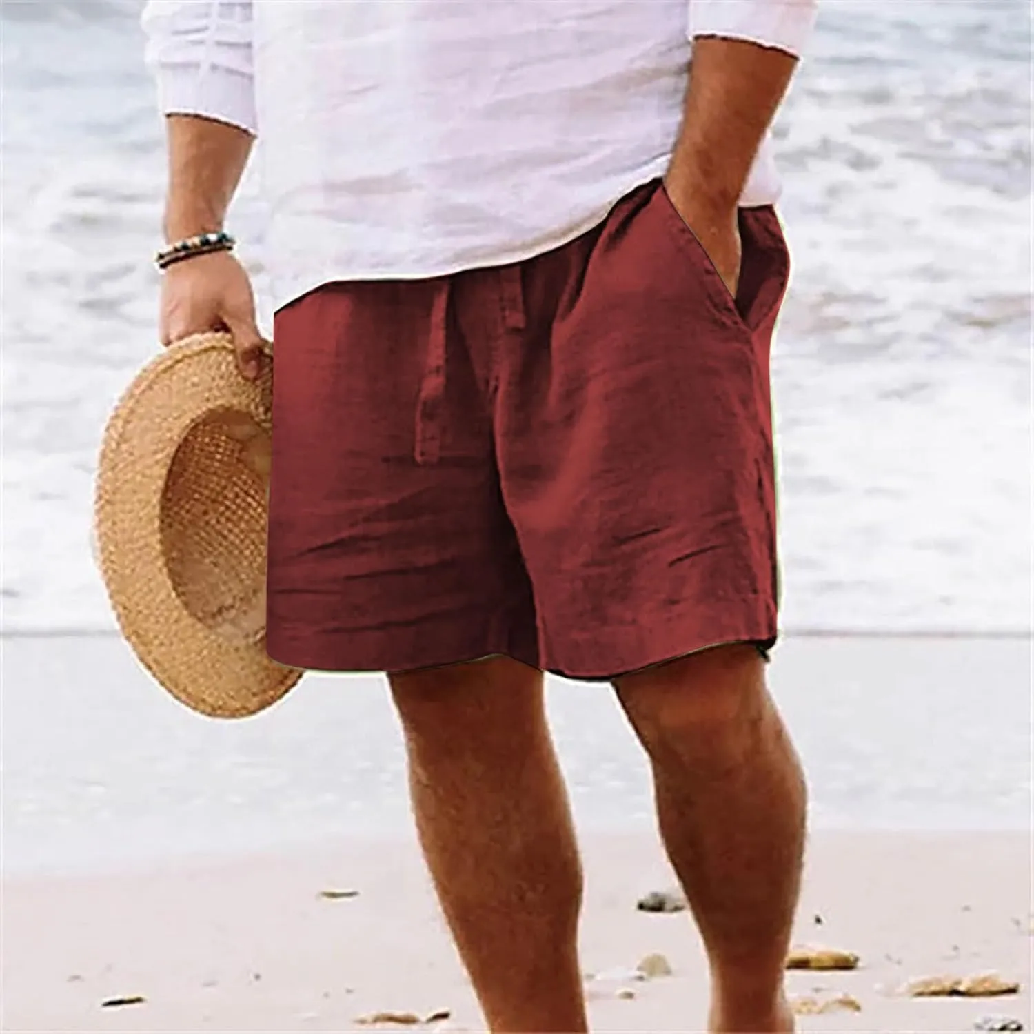 Mens Cotton Linen Shorts Casual Loose Beach Shorts Soft Comfy Lounge Shorts Lightweight Breathable Short Pants