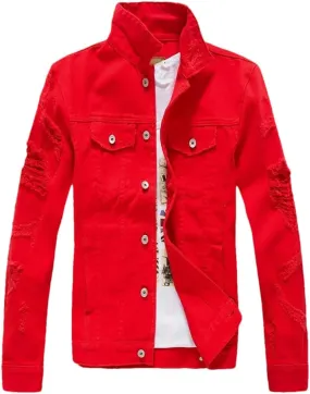 Men's Distressed Motorcycle Jeans Jacket Distressed Denim Trucker Jacket Coat