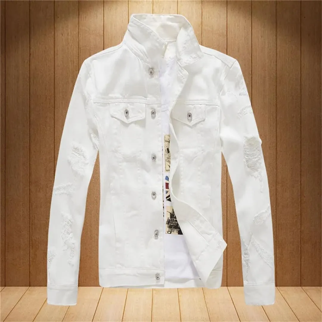 Men's Distressed Motorcycle Jeans Jacket Distressed Denim Trucker Jacket Coat