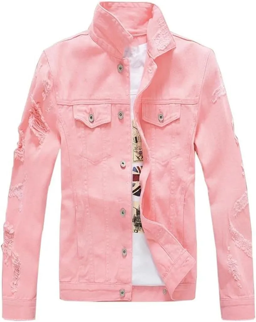 Men's Distressed Motorcycle Jeans Jacket Distressed Denim Trucker Jacket Coat