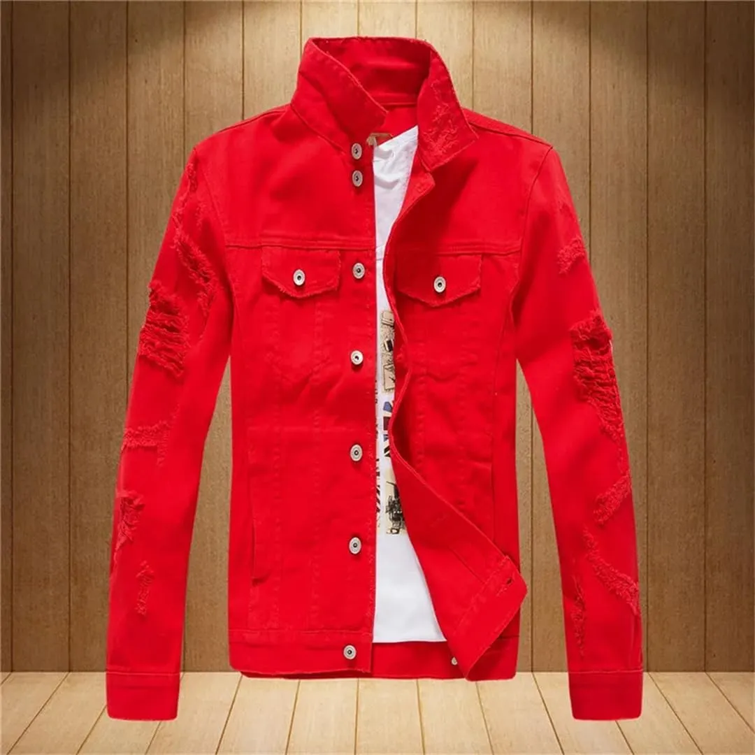 Men's Distressed Motorcycle Jeans Jacket Distressed Denim Trucker Jacket Coat