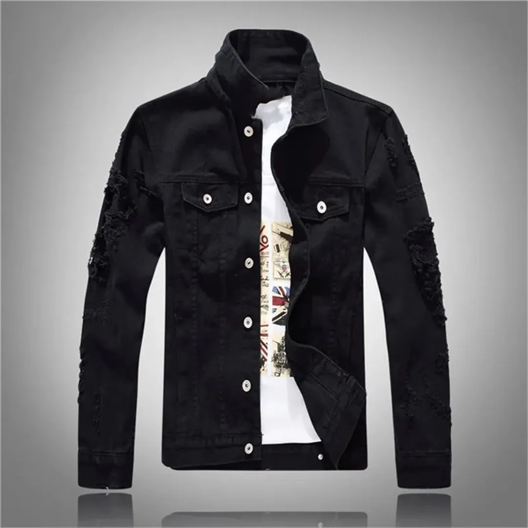 Men's Distressed Motorcycle Jeans Jacket Distressed Denim Trucker Jacket Coat
