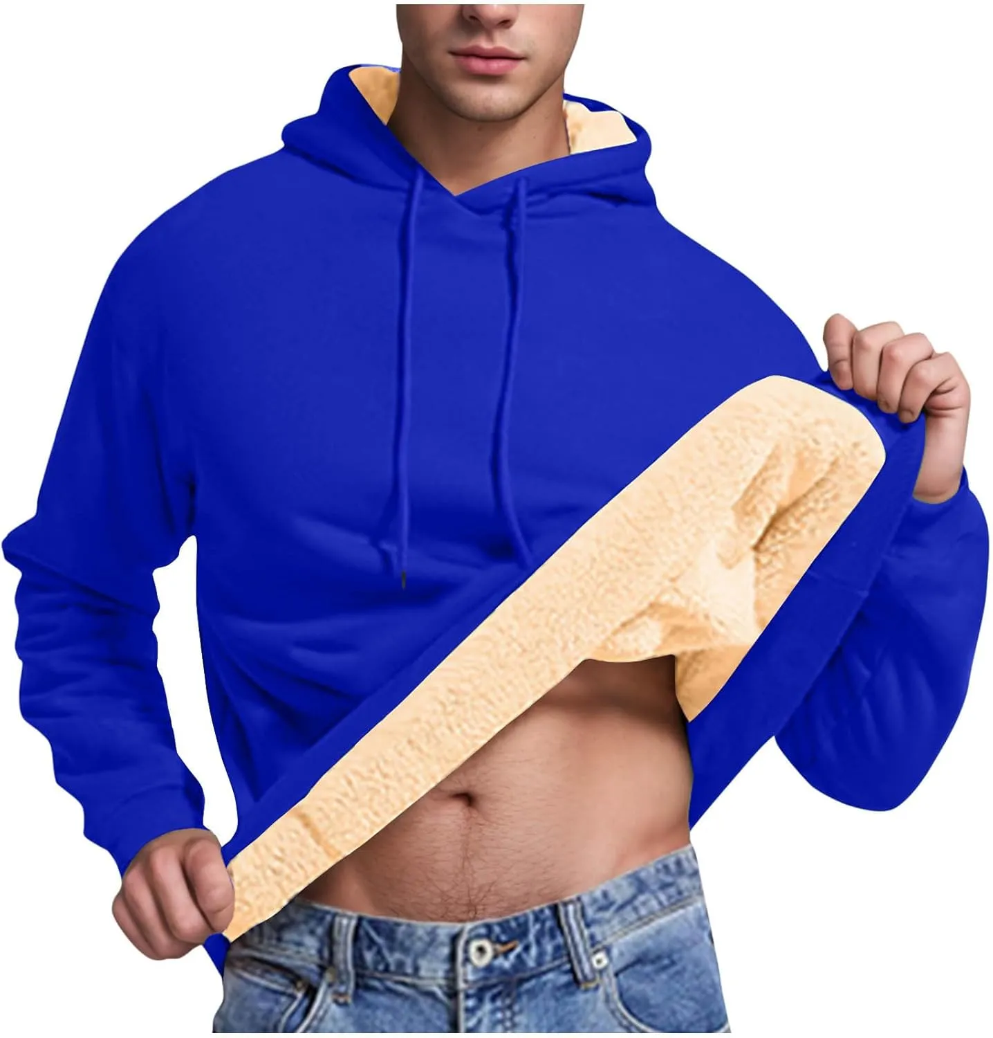 Mens Fleece Hoodie Casual Sherpa Pullover Drawstring Thick Warm Heavy Weight Hooded Sweatshirt Winter Clothes