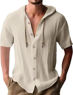 Mens Long Sleeve Linen Shirts Hooded V Neck Button Up Hoodies Casual Vacation Hawaiian Beach Yoga Hippie Shirts