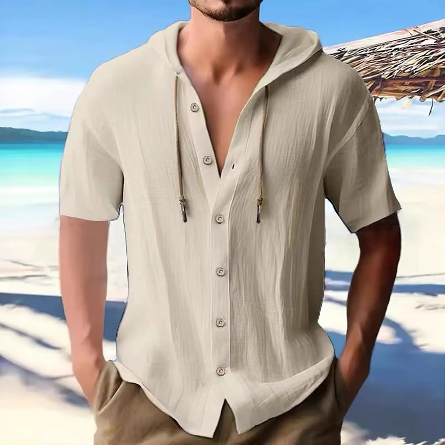 Mens Long Sleeve Linen Shirts Hooded V Neck Button Up Hoodies Casual Vacation Hawaiian Beach Yoga Hippie Shirts