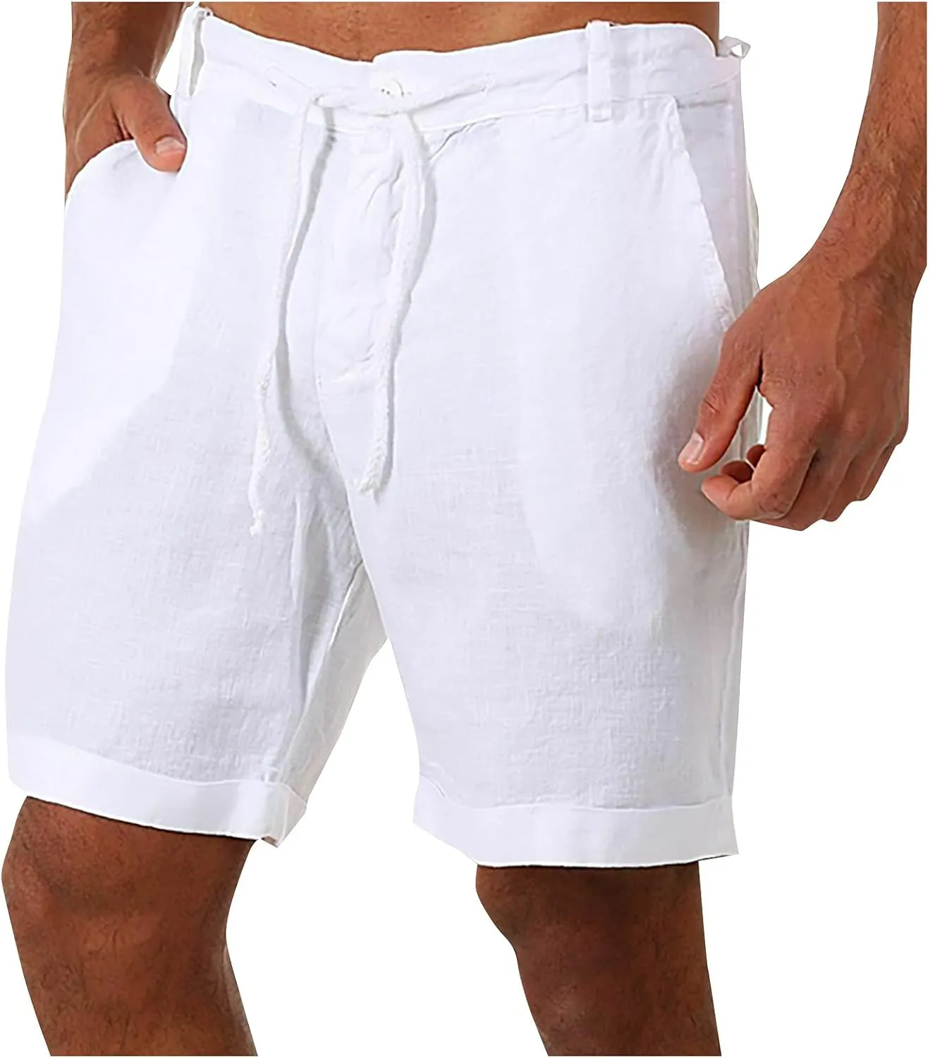 Mens Summer Linen Shorts Plus Size Drawstring Waistband Casual Shorts Loose Breathable Beach Outdoor Lounge Shorts