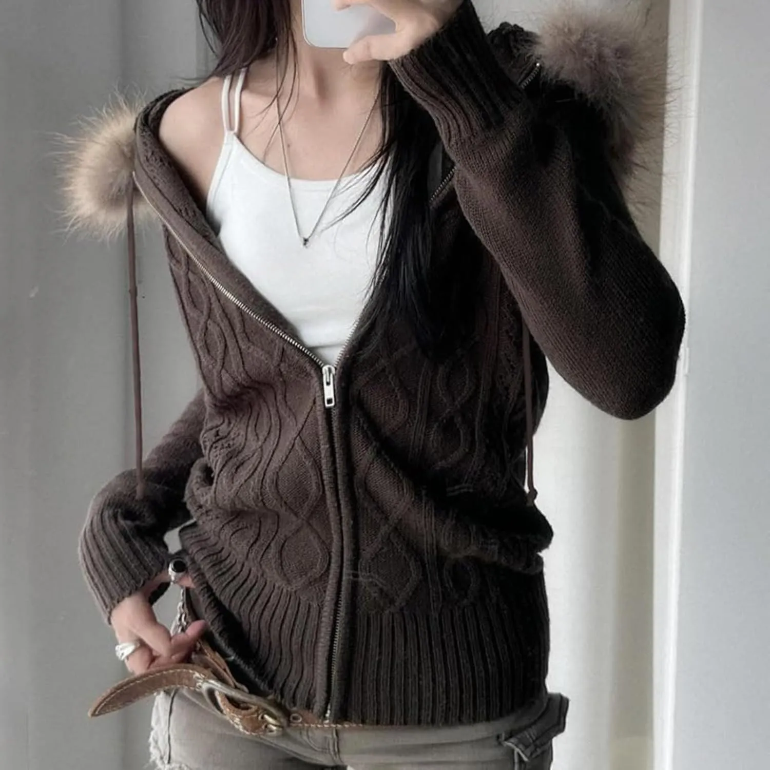 Monkay Zipper Cardigan Sweaters for Women, Long Sleeve Cable Knit Crop Tops Jackets with Fur Hooded Trim, Retro Y2k Chic
