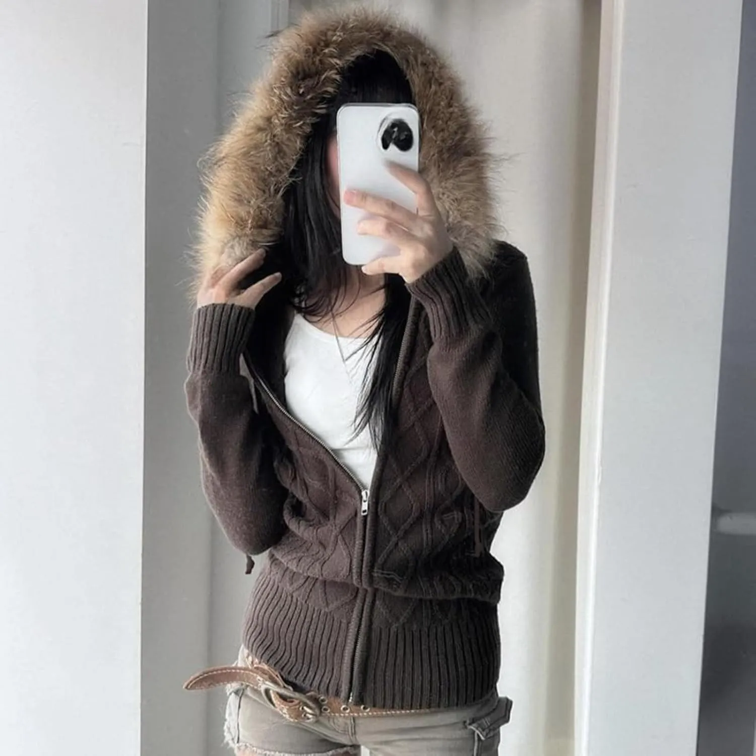 Monkay Zipper Cardigan Sweaters for Women, Long Sleeve Cable Knit Crop Tops Jackets with Fur Hooded Trim, Retro Y2k Chic