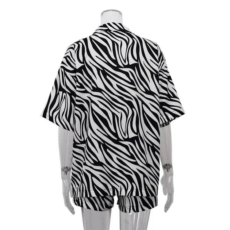Pre Order:  Casual Print Loose Short Sleeved Shirt   Shorts Set